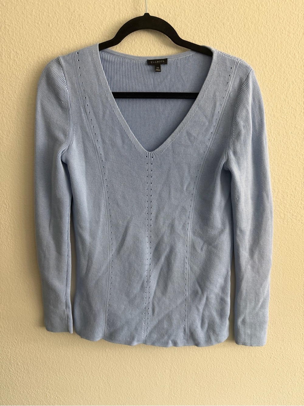 Talbots Pale Blue V-Neck Pointelle Knit Sweater XS Warm Cozy Coastal Cotton